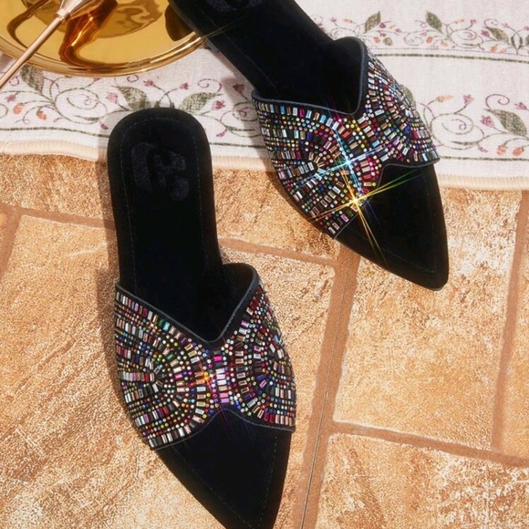 Shoes - Black Crystal Embellished Mules with Pointed Toe